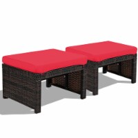 Set of 2 Rattan Ottoman Footrest Footstool Patio Furniture w/ Cushion Red