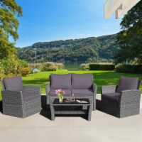 4PCS Patio Rattan Conversation Set Outdoor Furniture Set w/ Grey Cushions