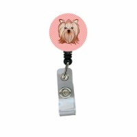 Pink Checkered Yorkie And Yorkshire Terrier Retractable Badge Reel