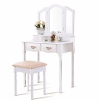 Gymax Vanity Makeup Dressing Table Stool Set w/ Folding Mirror 4 Drawers White/Black White