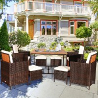 9PCS Rattan Wicker Patio Dining Set Outdoor Furniture Set w/ White Cushion