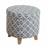 Round Shaped Fabric Upholstered Wooden Ottoman with Lift Off Lid Storage, Blue and White-