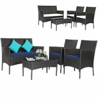 4PCS Outdoor Furniture Set Patio Rattan Conversation Set w/ Navy & Off White Cushion