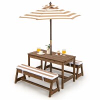 Kids Wood Picnic Table and Bench Set w/ Cushions Umbrella for Indoor Outdoor Brown