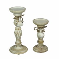 Set of 2 Wood Pedestal Candle Holder Rustic White Washed Pillar With Sea Shells