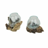 Set of 2 Melted Glass On Teak Driftwood Decorative Bowls/Vases/Terrarium Planters