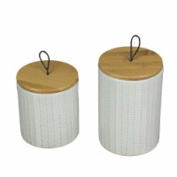 Set of 2 White Ceramic Jars With Wood Lids Decorative Kitchen Counter Canisters