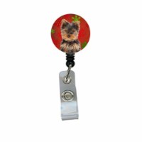 Red Snowflakes Holiday Christmas Yorkie Puppy And Yorkshire Terrier Retractable Badge Reel