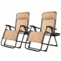 2PCS Folding Zero Gravity Lounge Chair Recliner w/ Cup Holder Pillow Beige
