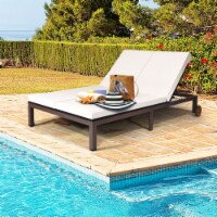 Adjustable Patio Rattan 2 Person Recliner Lounge Chair w/ Cushion Wheel