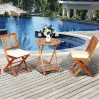 Costway 3PCS Patio Folding Wooden Bistro Set Cushioned Chair Conversation Cushion Cream