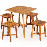 Costway 5PCS Acacia Patio Dining Set W/Square Table & 4 Stools Reddish Brown