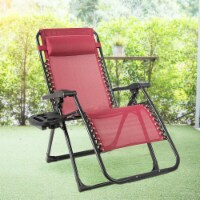Gymax Folding Zero Gravity Lounge Chair Recliner w/ Cup Holder Tray Pillow Wine Red