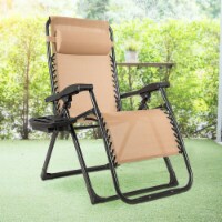 Gymax Folding Zero Gravity Lounge Chair Recliner w/ Cup Holder Tray Pillow Beige