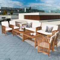 8PCS Wooden Patio Conversation Set Outdoor Furniture Set w/ Cushions White