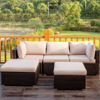 5PCS Rattan Patio Conversation Set Outdoor Furniture Set w/ Ottoman Cushion