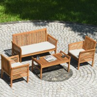 4PCS Wooden Patio Conversation Set Outdoor Furniture Set w/ Cushion