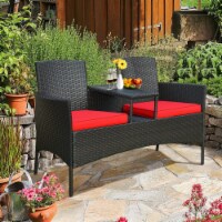 Gymax Rattan Wicker Patio Conversation Set w/ Loveseat Table Red Cushion