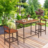 3PCS Patio Bar Set Dining Set Outdoor Furniture Set w/ Wooden Tabletop