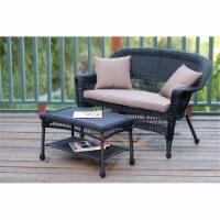 Black Wicker Patio Love Seat And Coffee Table Set With Brown Cushion