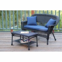 Black Wicker Patio Love Seat And Coffee Table Set With Blue Cushion