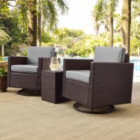 3-Piece Palm Harbor Outdoor Wicker Conversation Set with Grey Cushions, Two Swivel Chairs & S