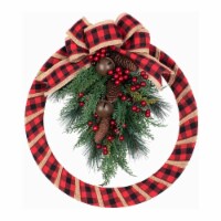 Haute Decor 18  Round Indoor/Outdoor Christmas Wreath w/Pinecones, Buffalo Check