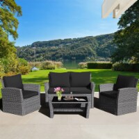 4PCS Patio Rattan Conversation Set Outdoor Furniture Set w/ Black Cushions