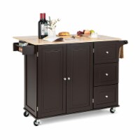 Gymax Drop-Leaf Kitchen Island Trolley Cart Wood Storage Cabinet w/ Spice Rack Brown