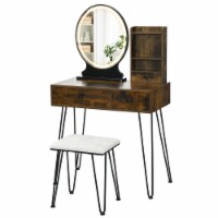 Gymax Vanity Table Set Lighted Mirror Storage Drawer Shelf Cushion Stool Natural and Black