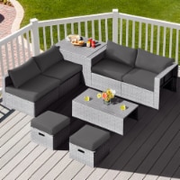 8PCS Rattan Patio Space-Saving Furniture Set w/ Waterproof Cover & Grey Cushions