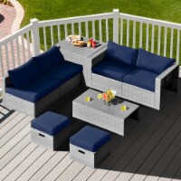 8PCS Rattan Patio Space-Saving Furniture Set w/ Waterproof Cover & Navy Cushions