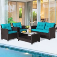 Gymax 4PCS Outdoor Conversation Set Patio PE Rattan Set w/ Glass Table & Sofa Cushions