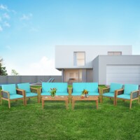 Gymax 8PCS Patio Acacia Wood Furniture Set PE Rattan Conversation Set w/ Turquoise Cushions