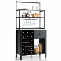 Gymax Kitchen Bakers Rack Freestanding Wine Rack Table w/ Glass Holder & Drawer Black /