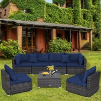 7PCS Patio Rattan Sectional Sofa Set Outdoor Furniture Set w/ Cushions Navy