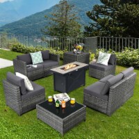 Gymax 9 PCS Patio Rattan Furniture Set Fire Pit Table Storage Black W/ Cover Grey