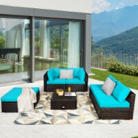 6PCS Rattan Patio Sectional Sofa Set Outdoor Furniture Set w/ Turquoise Cushions