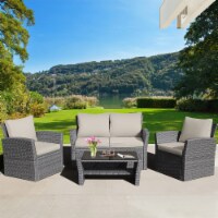 4PCS Patio Rattan Conversation Set Outdoor Furniture Set w/ Khaki Cushions