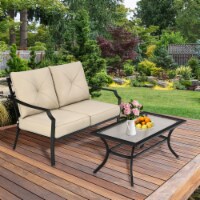 2PCS Outdoor Loveseat Set Cushioned Patio Bench Sofa w/ Coffee Table