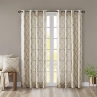 Madison Park Saratoga Basketweave Beige Ground Soft Grey Fretwork Print Window Curtain,