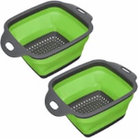 Collapsible Colander Set of 2 Silicone Square Strainer w/ Handle for Kitchen Draining (GREEN)