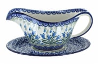 Blue Rose Polish Pottery Tulip Bouquet Gravy Boat & Plate