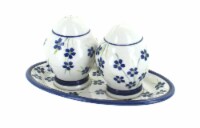 Blue Rose Polish Pottery Willow Salt & Pepper Shakers with Plate