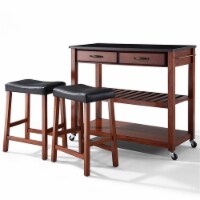 Pemberly Row Black Granite Top Kitchen Cart with Saddle Stools in Cherry