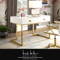 Moana Desk-2 Drawers-Hight Gloss Lacquer Finish-Polished Stainless Steel Base white/gold
