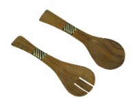 Hand Carved Wood and Bone Flat Handle Salad Server Set