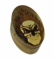 Hand Carved Wooden Skull and Flames Trinket Puzzle Box