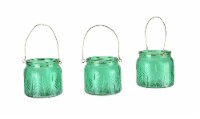 Set of 3 Leaf Textured Green Glass 4.25 Inch Tall Tealight Candle Lanterns with Wire Handles