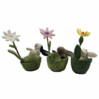 Easter Wool Bunny In Basket Set / 3 Rabbit Vintage Spring Flower Hw0190